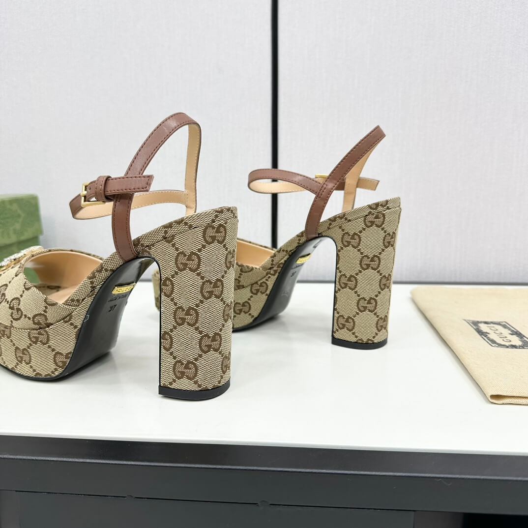 Gucci Metallic Chenille Jacquard-Knit Peep-Toe Platform Sandals in Brown GG Monogram - Image 5