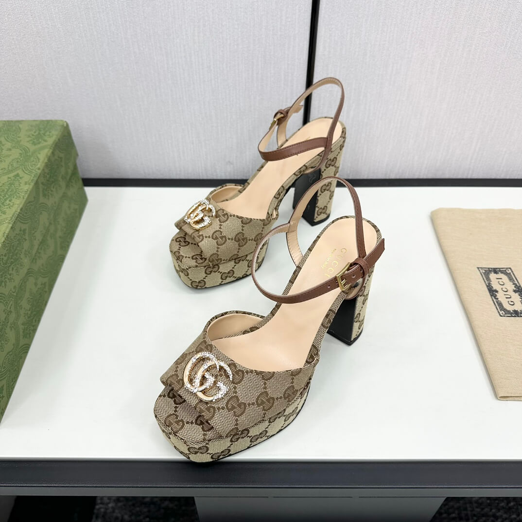 Gucci Metallic Chenille Jacquard-Knit Peep-Toe Platform Sandals in Brown GG Monogram - Image 3