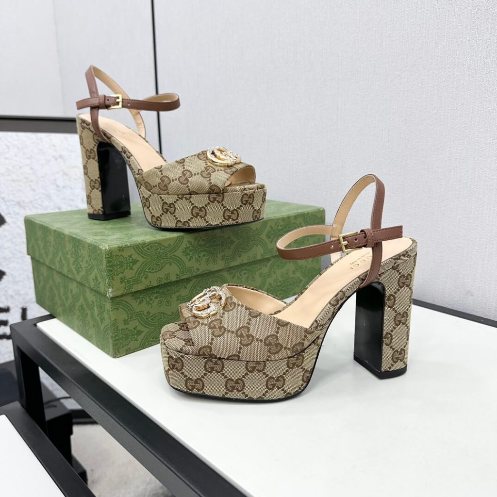 Gucci Metallic Chenille Jacquard-Knit Peep-Toe Platform Sandals in Brown GG Monogram