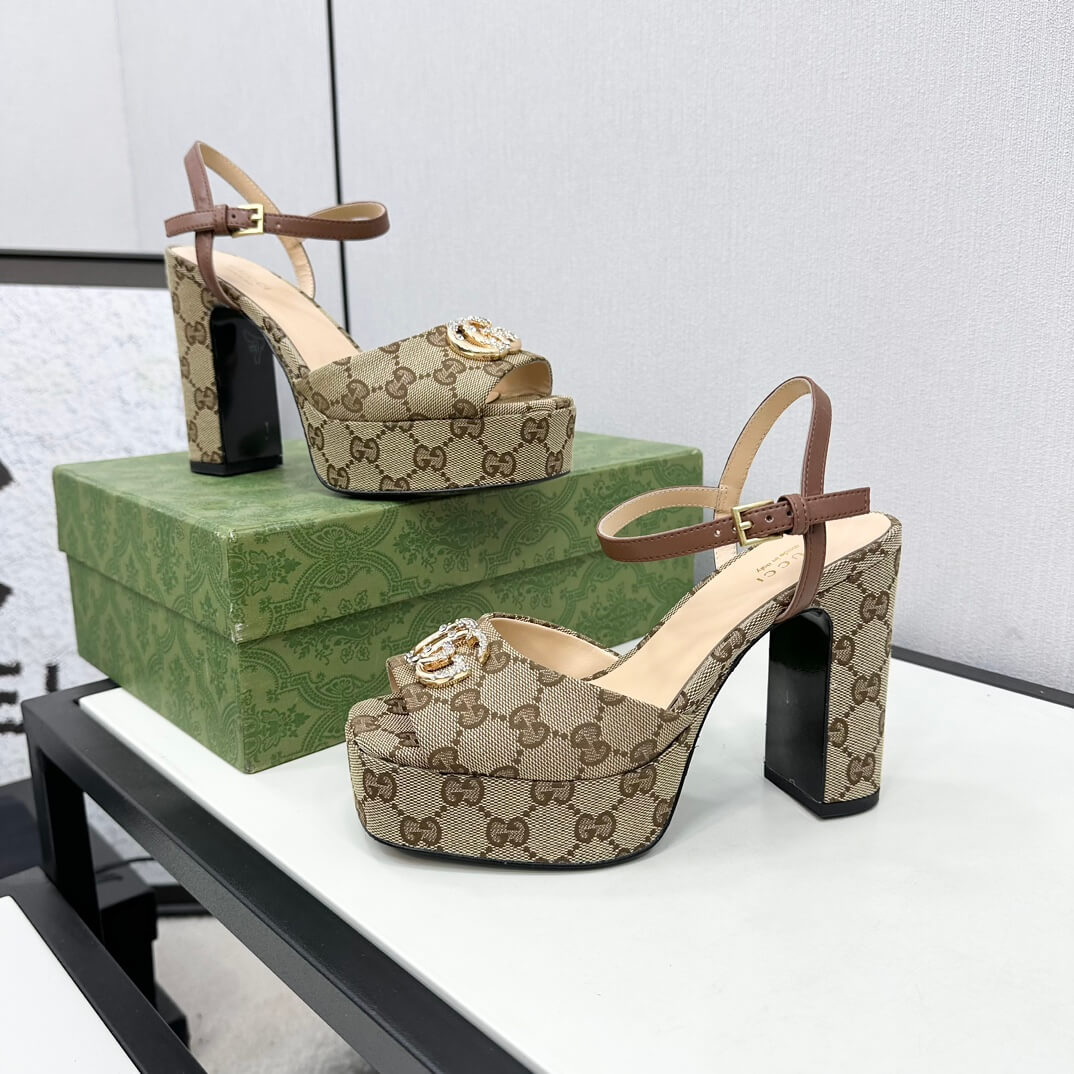 Gucci Metallic Chenille Jacquard-Knit Peep-Toe Platform Sandals in Brown GG Monogram