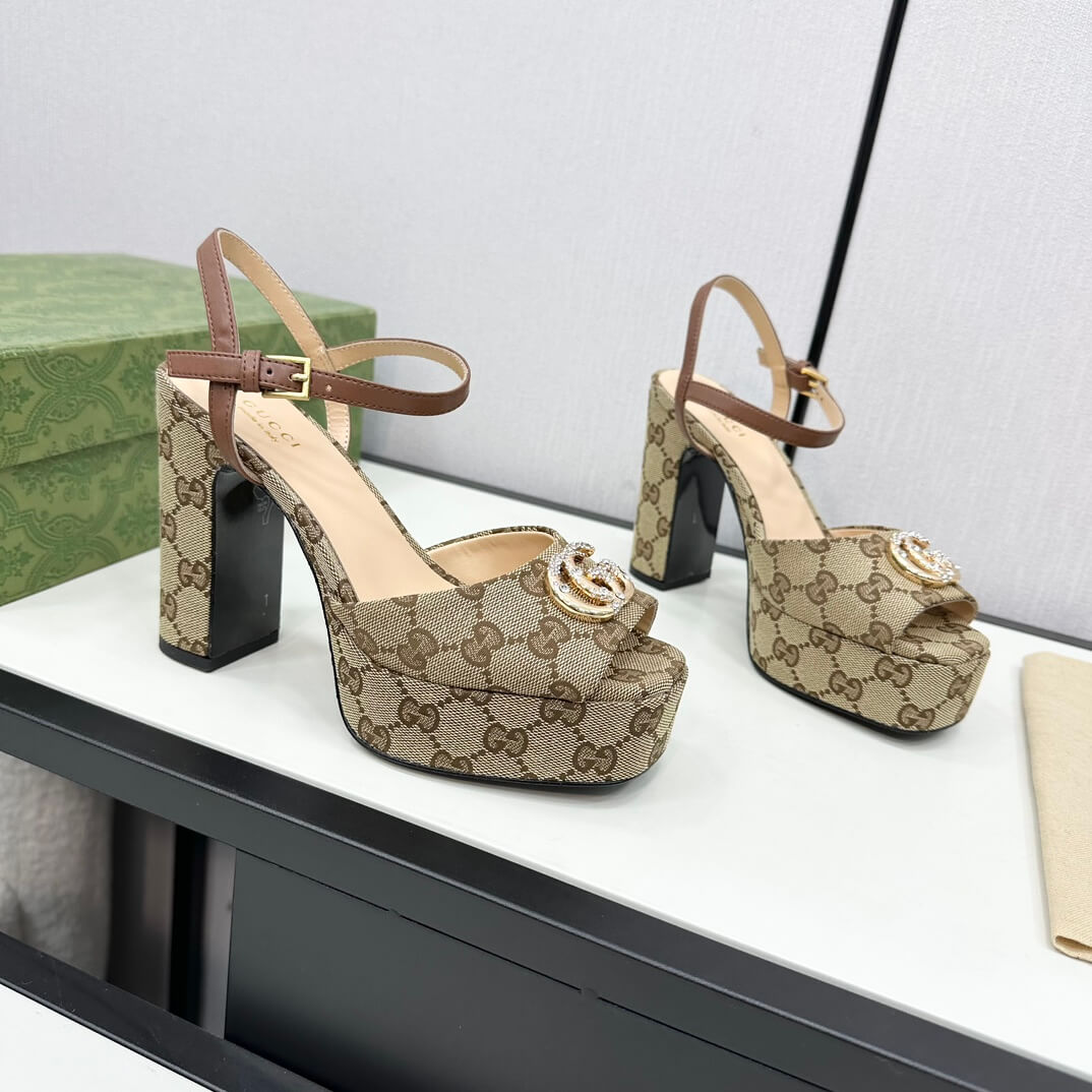 Gucci Metallic Chenille Jacquard-Knit Peep-Toe Platform Sandals in Brown GG Monogram - Image 2