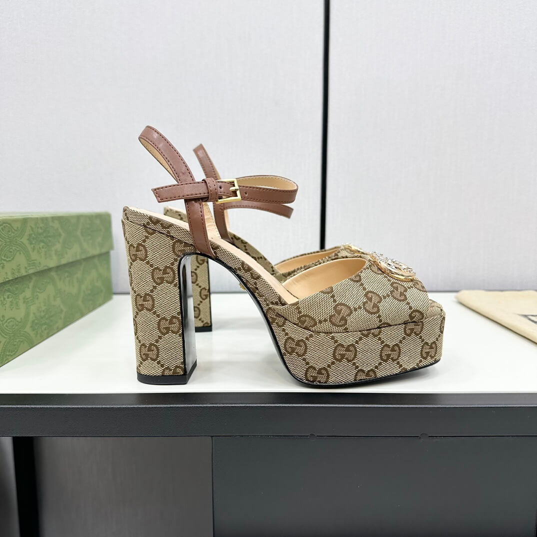 Gucci Metallic Chenille Jacquard-Knit Peep-Toe Platform Sandals in Brown GG Monogram - Image 6