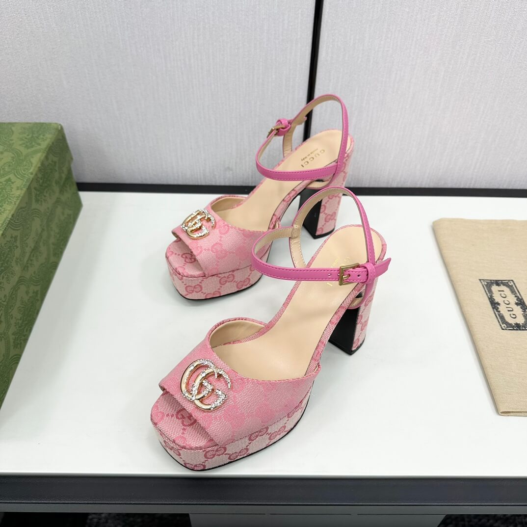 Gucci Metallic Chenille Jacquard-Knit Peep-Toe Platform Sandals in Pink - Image 3