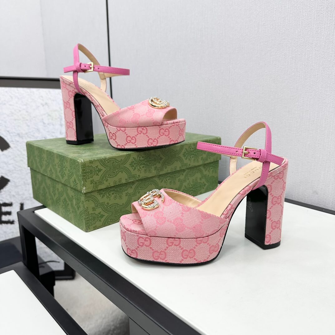 Gucci Metallic Chenille Jacquard-Knit Peep-Toe Platform Sandals in Pink