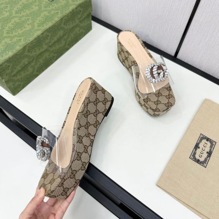 Gucci Monogram Canvas Platform Slide Sandal with Clear Strap and Crystal GG Logo.