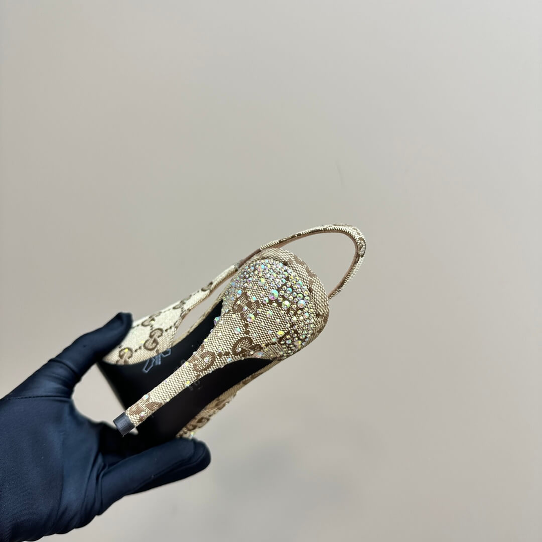 Gucci Monogram Crystal-Embellished Slingback Stiletto Heels - Beige - Image 10
