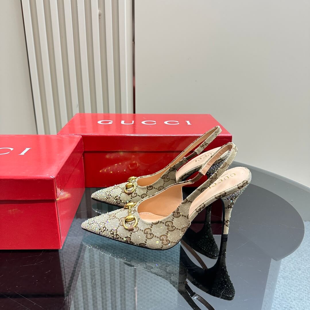 Gucci Monogram Crystal-Embellished Slingback Stiletto Heels - Beige - Image 2