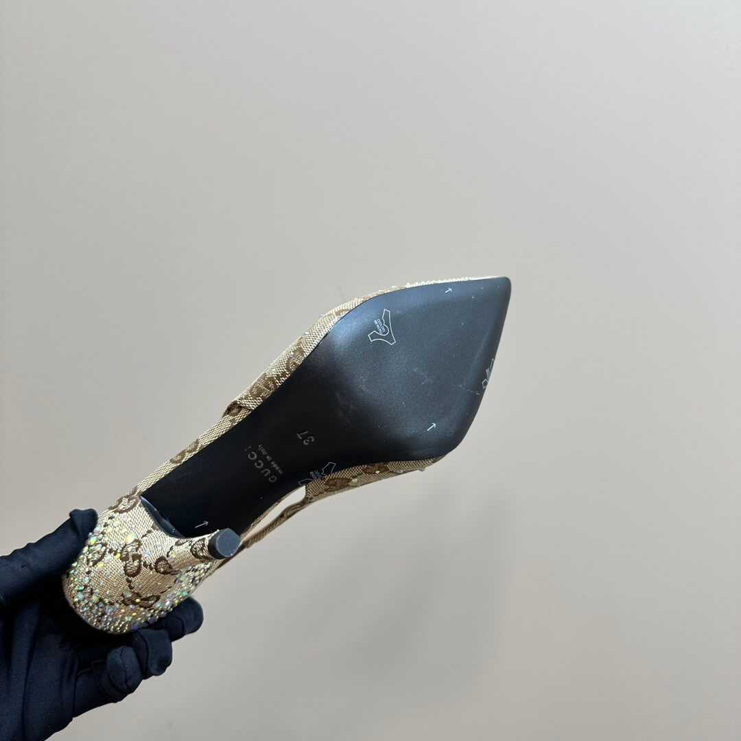 Gucci Monogram Crystal-Embellished Slingback Stiletto Heels - Beige - Image 9