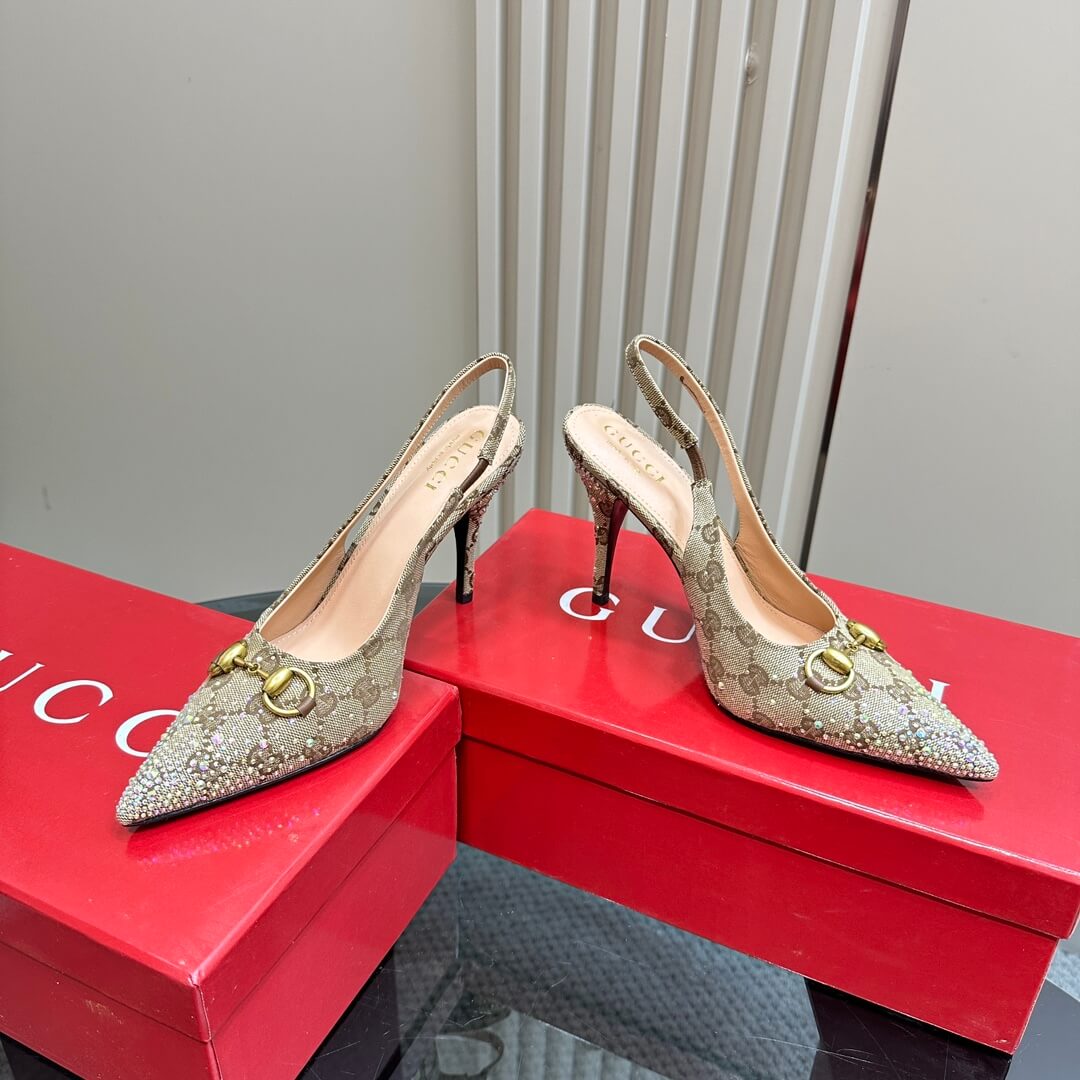 Gucci Monogram Crystal-Embellished Slingback Stiletto Heels - Beige