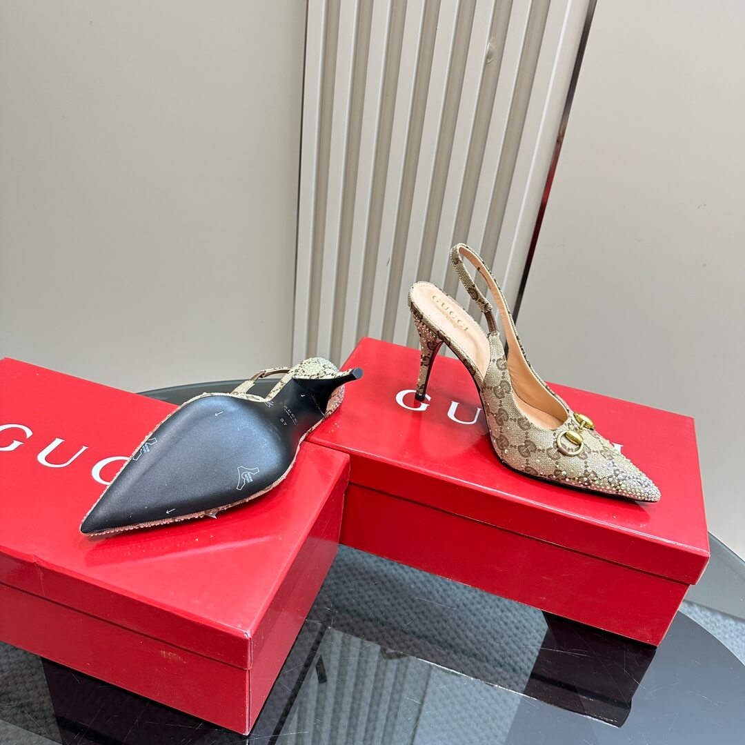 Gucci Monogram Crystal-Embellished Slingback Stiletto Heels - Beige - Image 6