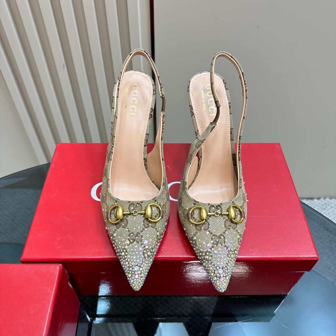 Gucci Monogram Crystal-Embellished Slingback Stiletto Heels - Beige - Image 5