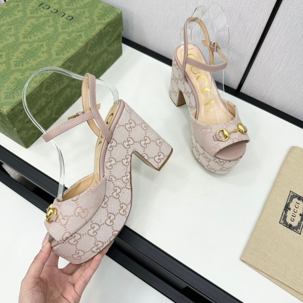 Gucci Plateau Metallic Button-Up Peep-Toe Platform Wedge Sandals in Khaki Chenille Jacquard-Knit