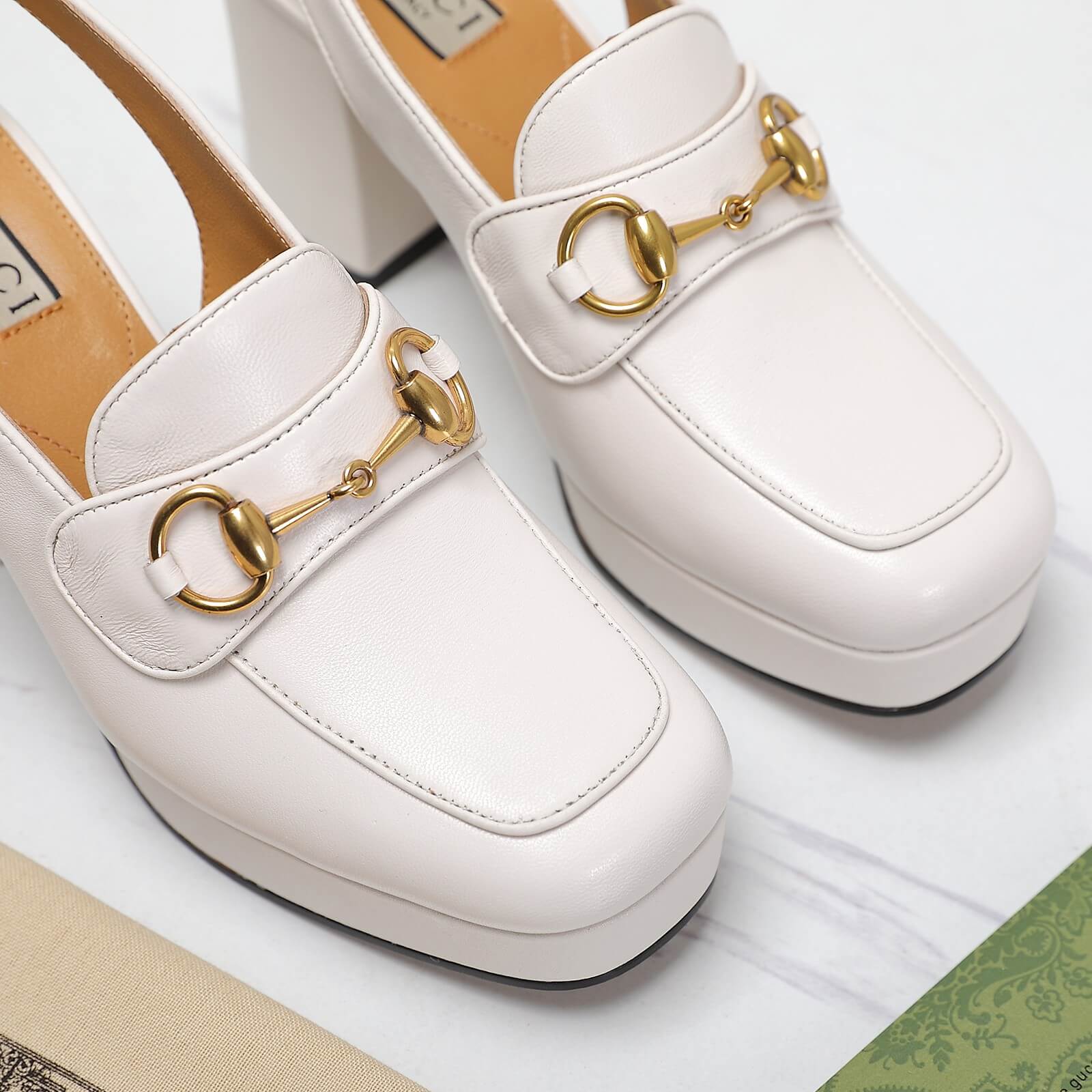 Gucci White Horsebit Mid Heel Pumps - Image 9