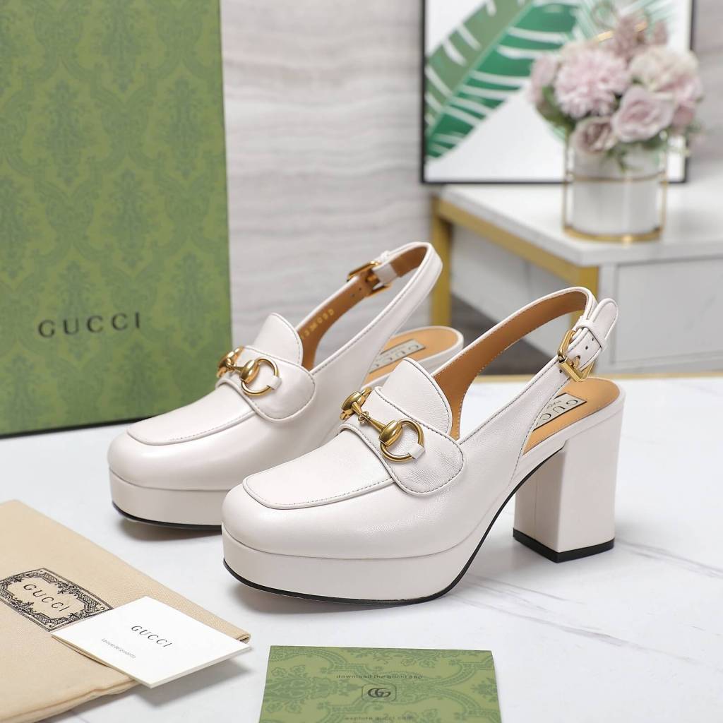 Gucci White Horsebit Mid Heel Pumps