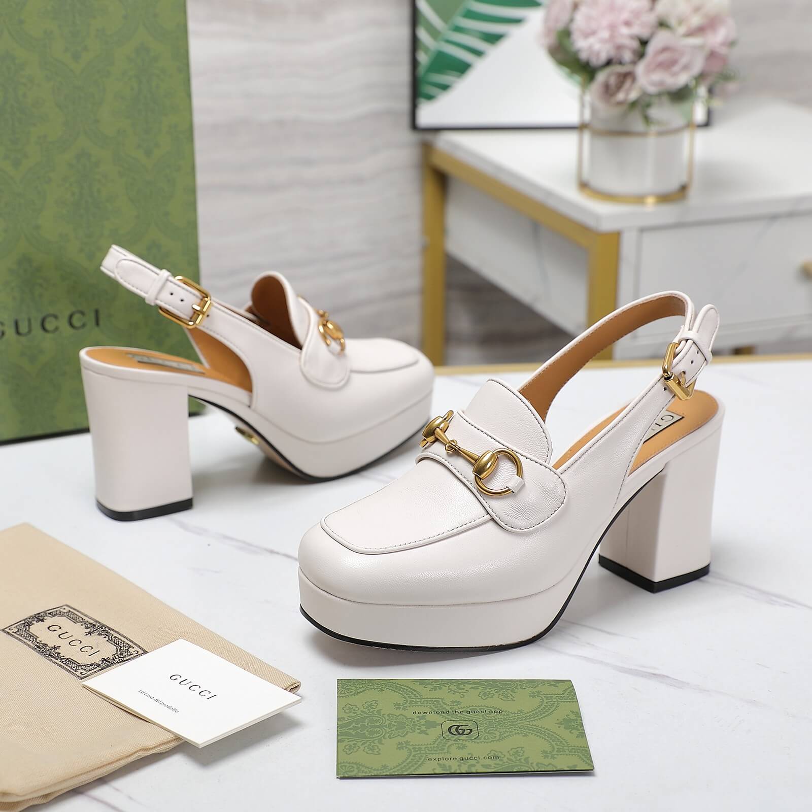 Gucci White Horsebit Mid Heel Pumps - Image 8