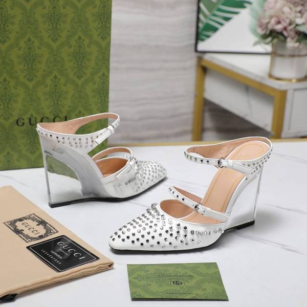 Gucci White Studded Patent Leather Wedge Heels