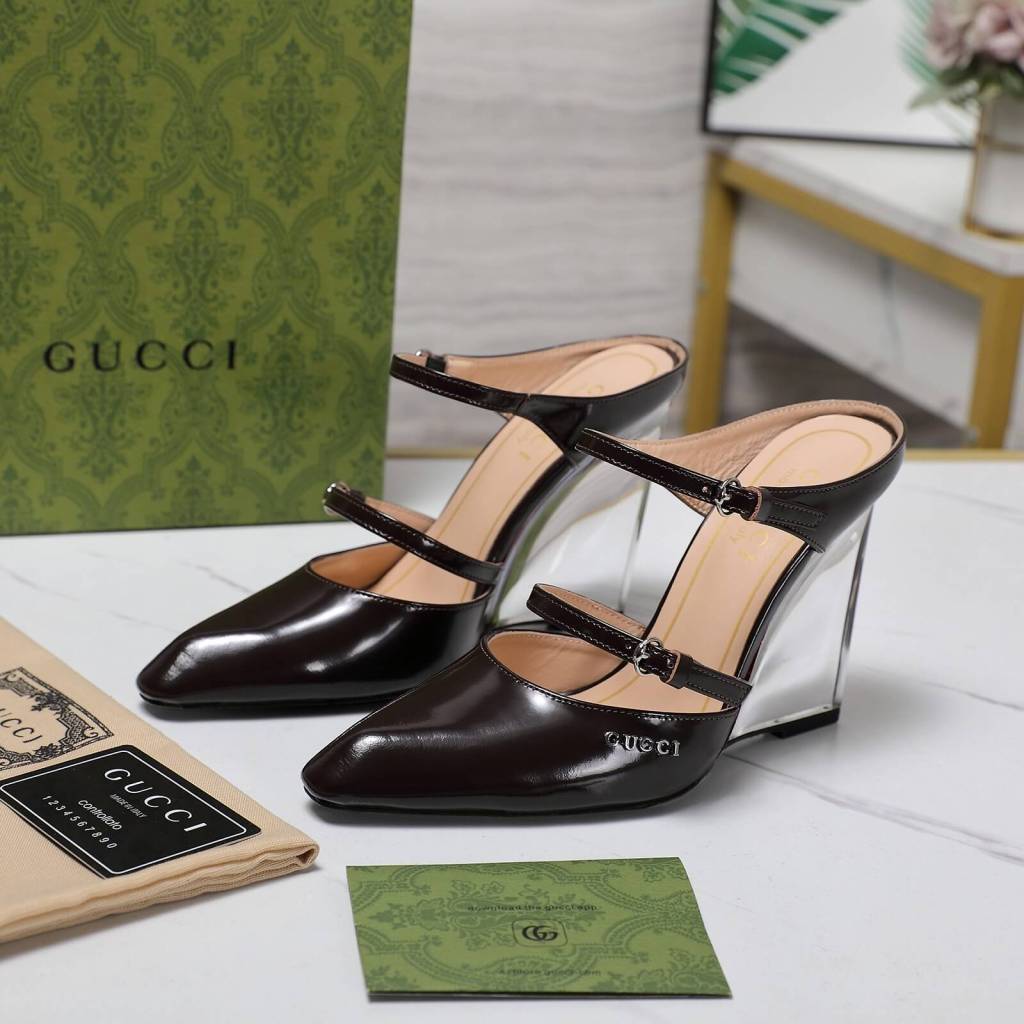 Gucci Women's "G" Crystal Embellished Slingback Point Toe Wedge Pump in Midnight Black