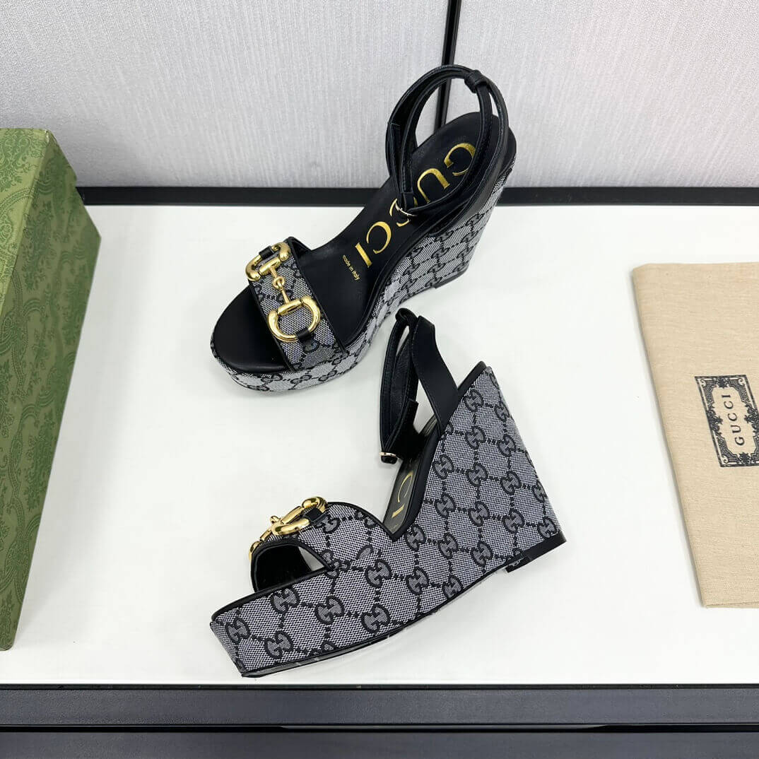Gucci Women's High Wedge Platform Sandals with Ankle Strap, Exposed Toe, Jacquard Weave Pumps in Black & Grey - Image 7