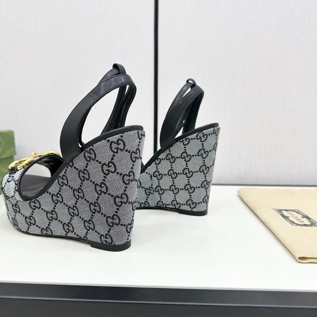 Gucci Women's High Wedge Platform Sandals with Ankle Strap, Exposed Toe, Jacquard Weave Pumps in Black & Grey - Image 6