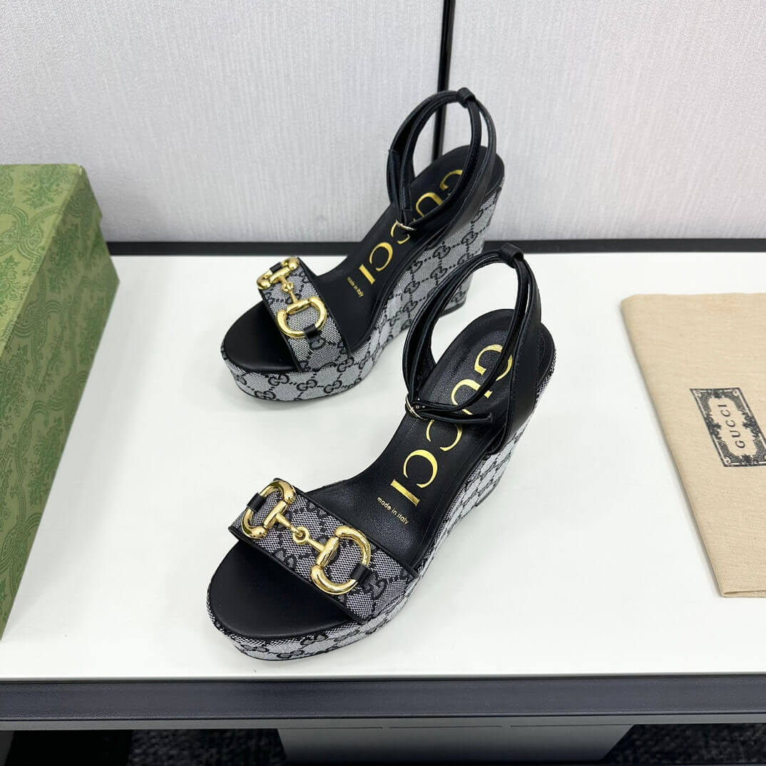 Gucci Women's High Wedge Platform Sandals with Ankle Strap, Exposed Toe, Jacquard Weave Pumps in Black & Grey - Image 5