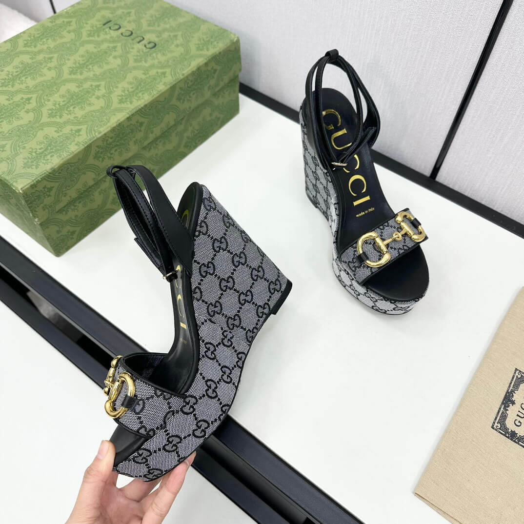 Gucci Women's High Wedge Platform Sandals with Ankle Strap, Exposed Toe, Jacquard Weave Pumps in Black & Grey