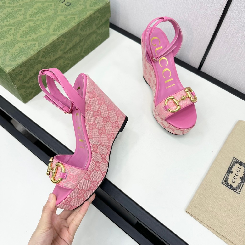 Gucci Women's High Wedge Platform Sandals with Ankle Strap, Exposed Toe,Jacquard Weave Pumps in Pink