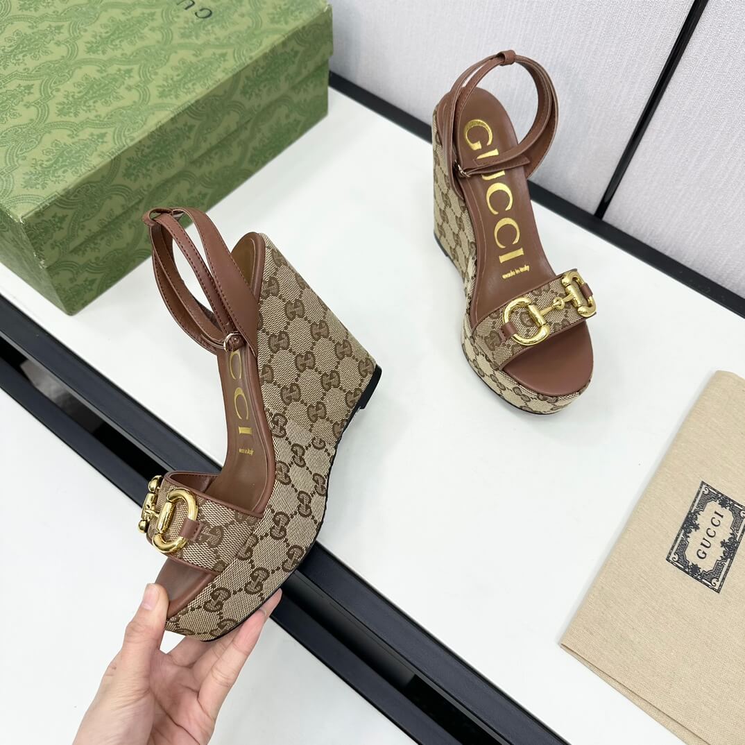 Gucci Women's High Wedge Platform Sandals with Ankle Strap, Exposed Toe, and Jacquard Weave Pumps in Brown - Image 3