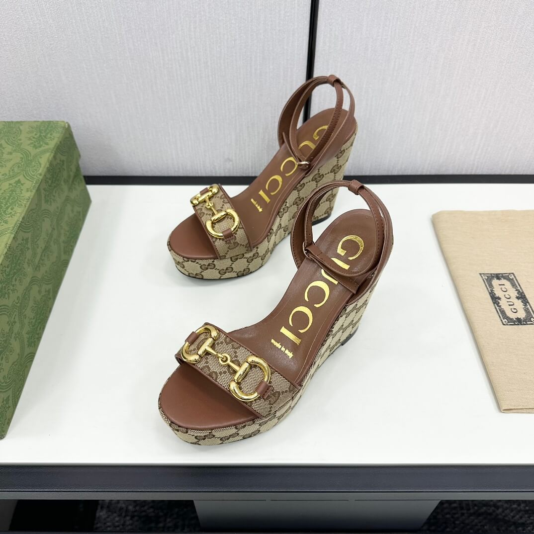 Gucci Women's High Wedge Platform Sandals with Ankle Strap, Exposed Toe, and Jacquard Weave Pumps in Brown - Image 4