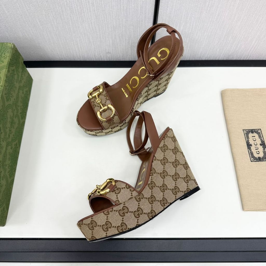 Gucci Women's High Wedge Platform Sandals with Ankle Strap, Exposed Toe, and Jacquard Weave Pumps in Brown