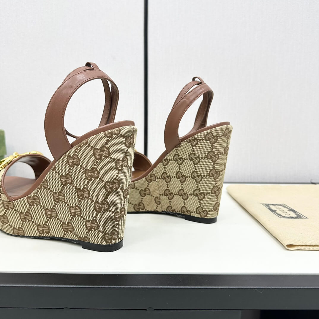 Gucci Women's High Wedge Platform Sandals with Ankle Strap, Exposed Toe, and Jacquard Weave Pumps in Brown - Image 5
