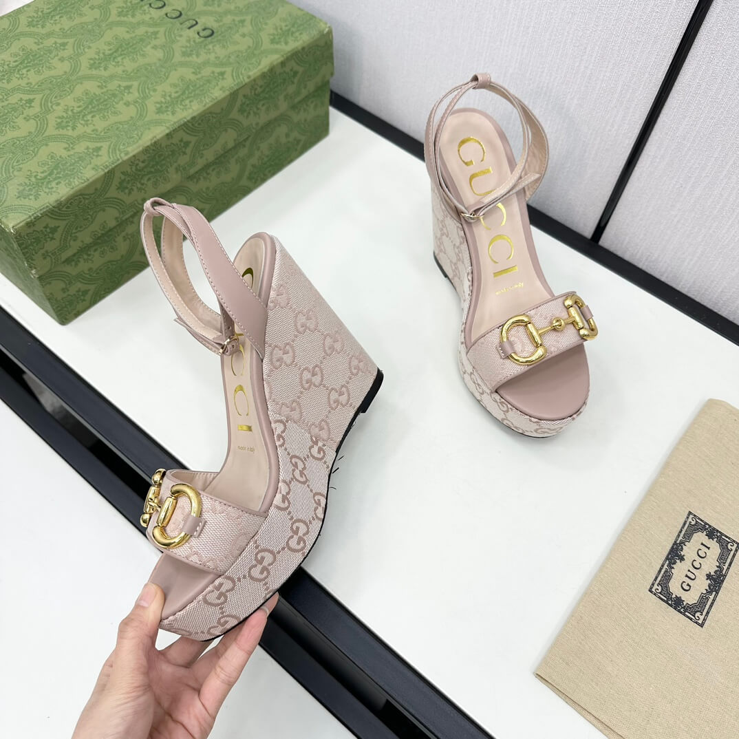 Gucci Women's High Wedge Platform Sandals with Ankle Strap, Exposed Toe, and Jacquard Weave Pumps in Khaki - Image 2