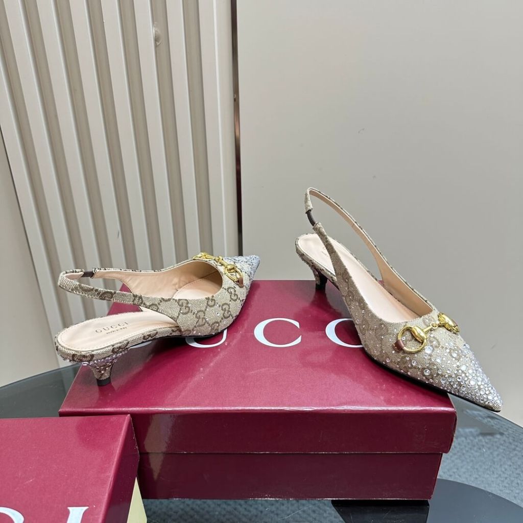 Gucci Women's Monogram Slingback Crystal Embellished Kitten Heels in Beige.