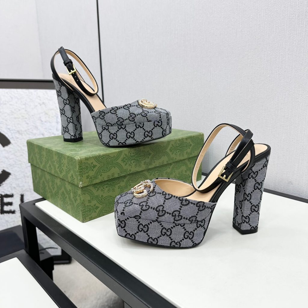 Gucci Women's Monogram Square Toe Platform Espadrilles in Black & Grey