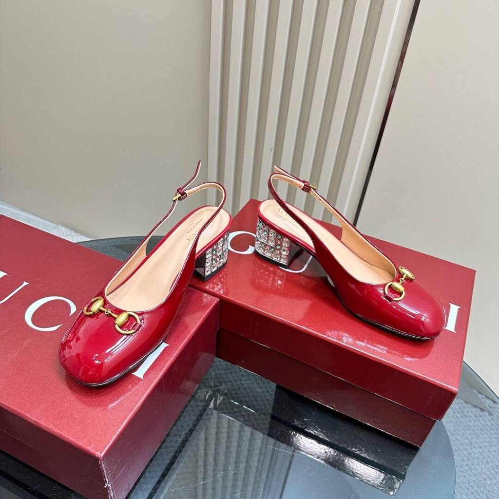Gucci Women's Patent Leather Slingback Pumps with Embellished Block Heel in Red