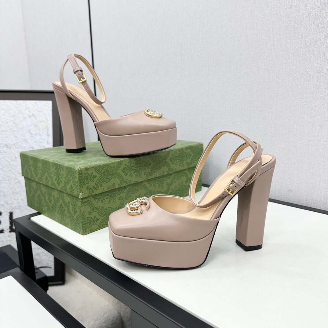 Gucci Women's Square-Toe Platform Pump with Double G in Beige Leather