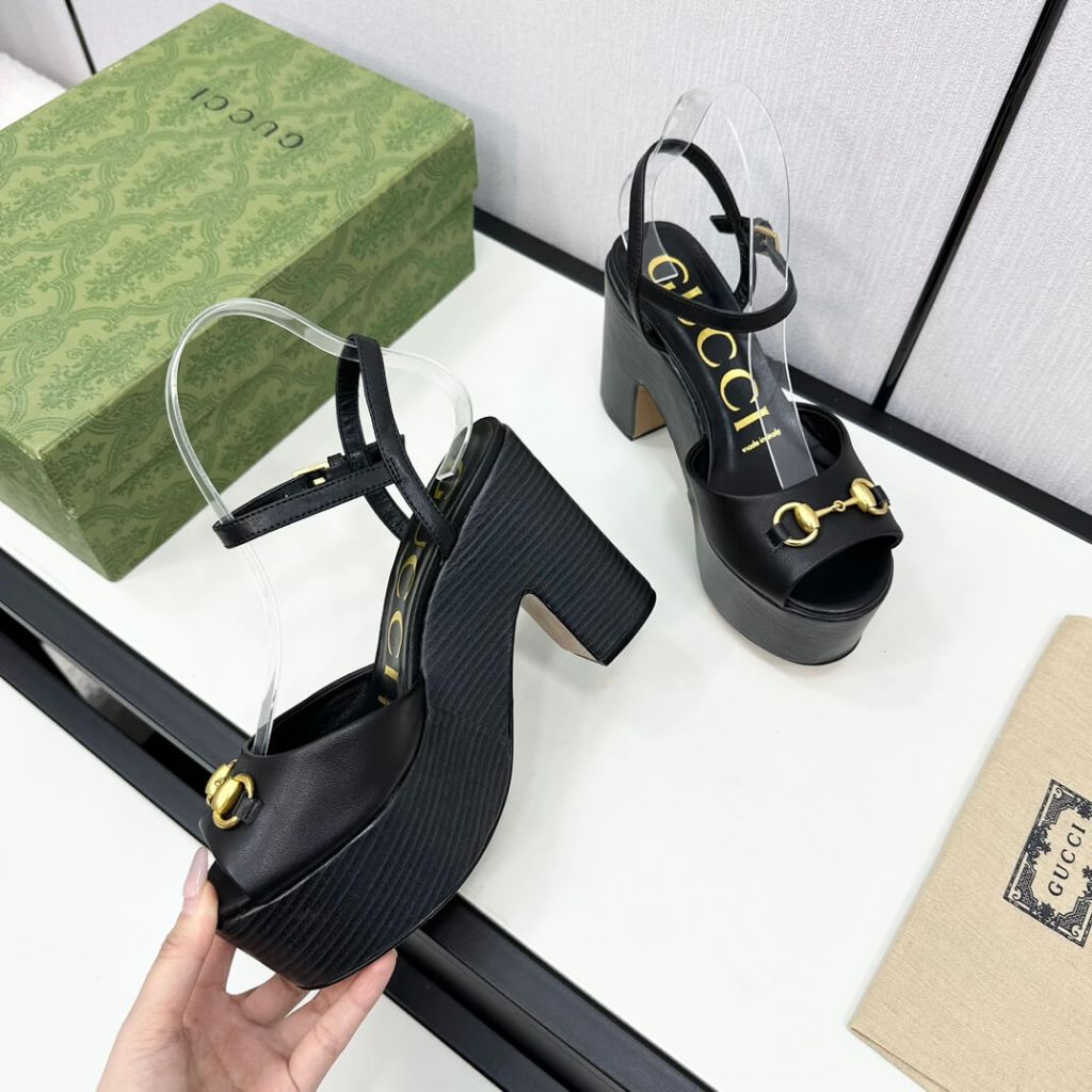 Gucci Women's Square Toe Platform Sandals in Black Leather