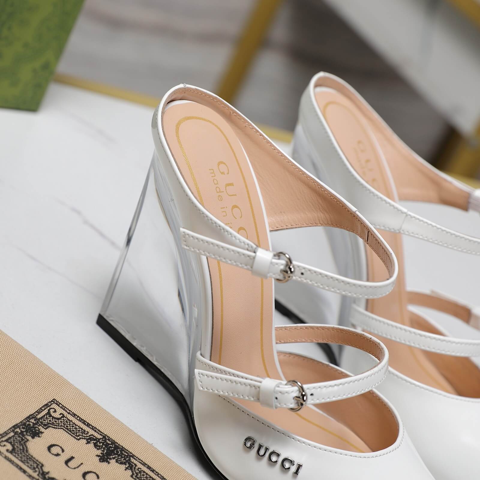 Gucci's White Crystal Embellished Slingback Wedge Heels - Image 3