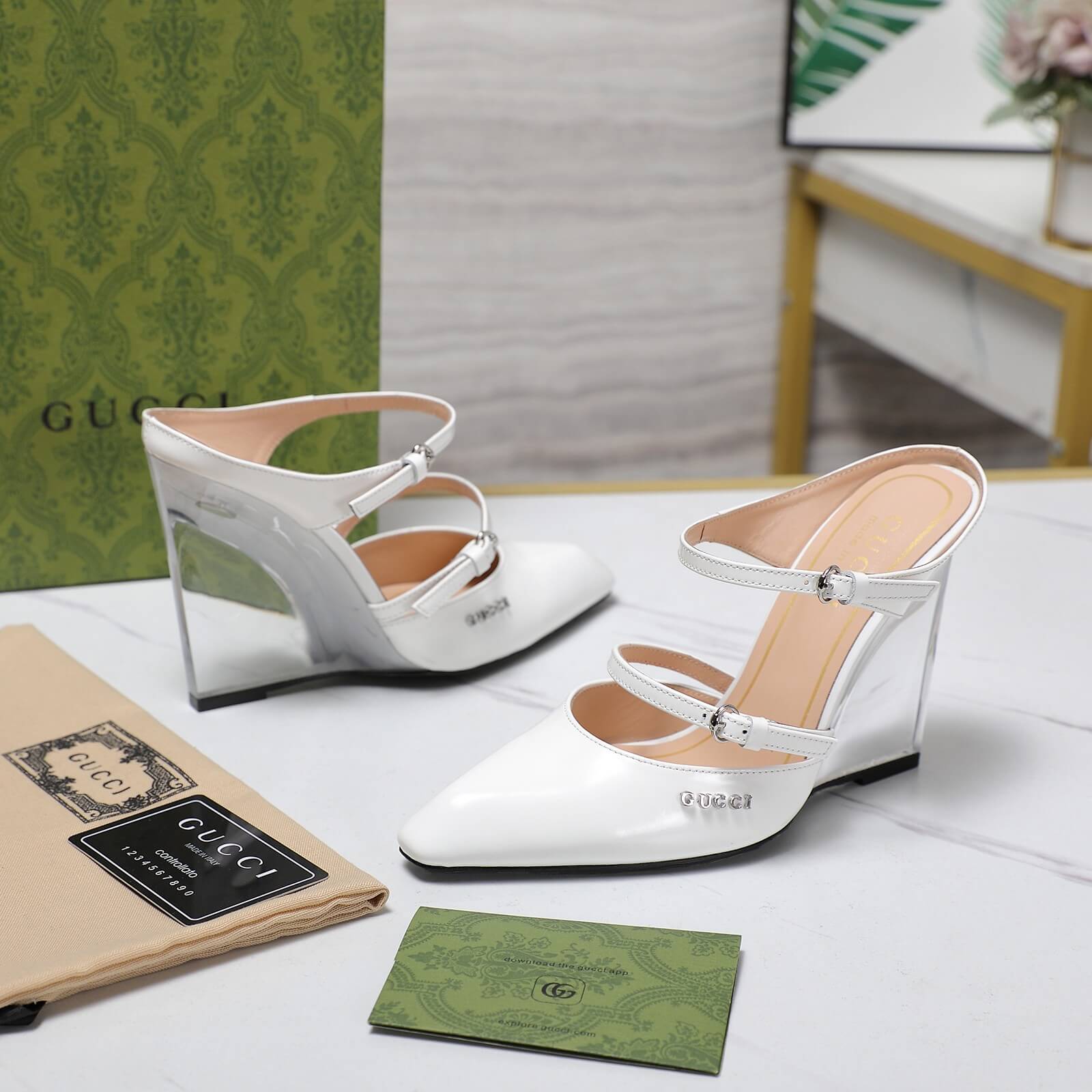 Gucci's White Crystal Embellished Slingback Wedge Heels - Image 4