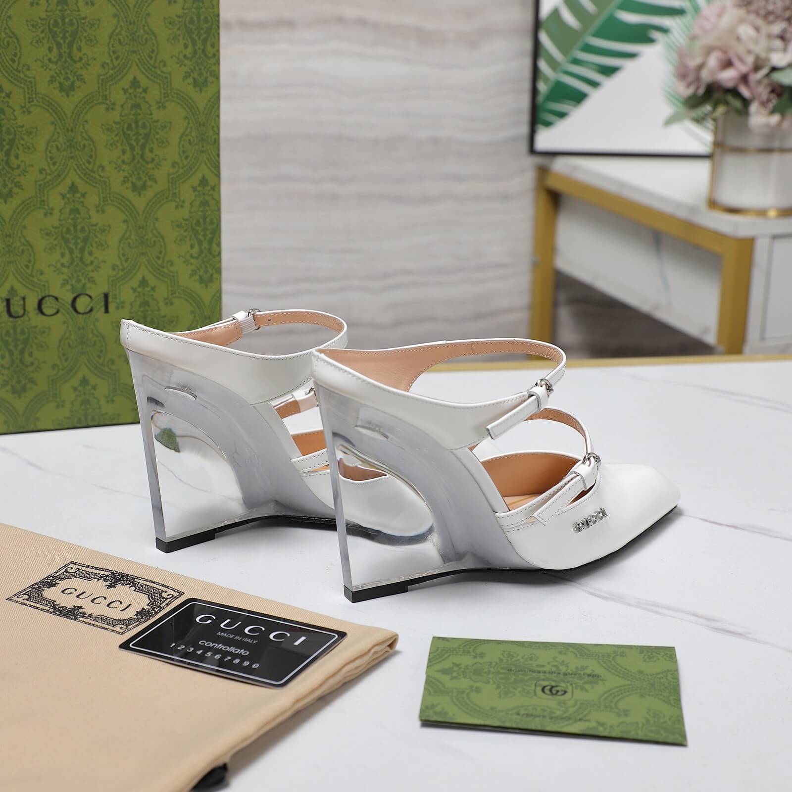 Gucci's White Crystal Embellished Slingback Wedge Heels - Image 2