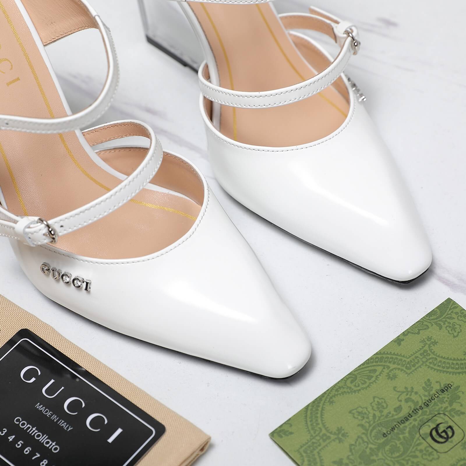 Gucci's White Crystal Embellished Slingback Wedge Heels - Image 8