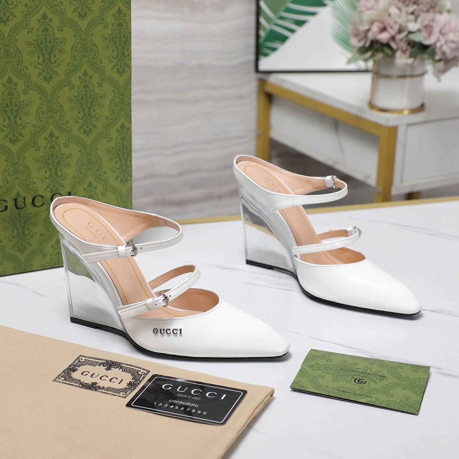 Gucci's White Crystal Embellished Slingback Wedge Heels - Image 9