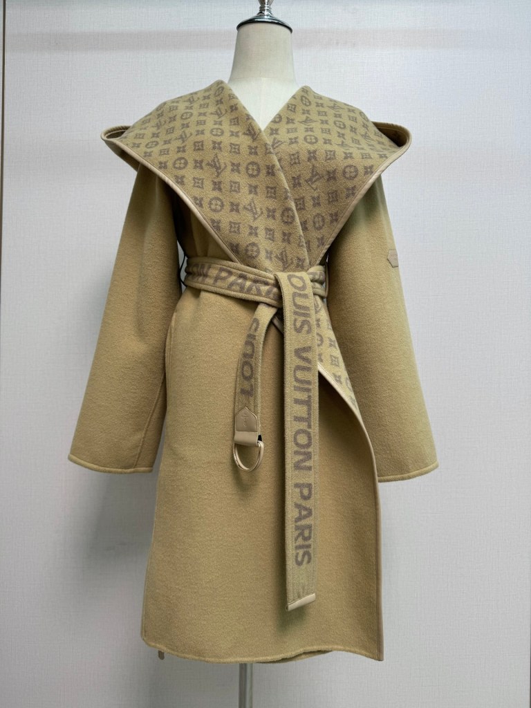 Louis Vuitton Beige Monogram Wool Hooded Wrap Coat