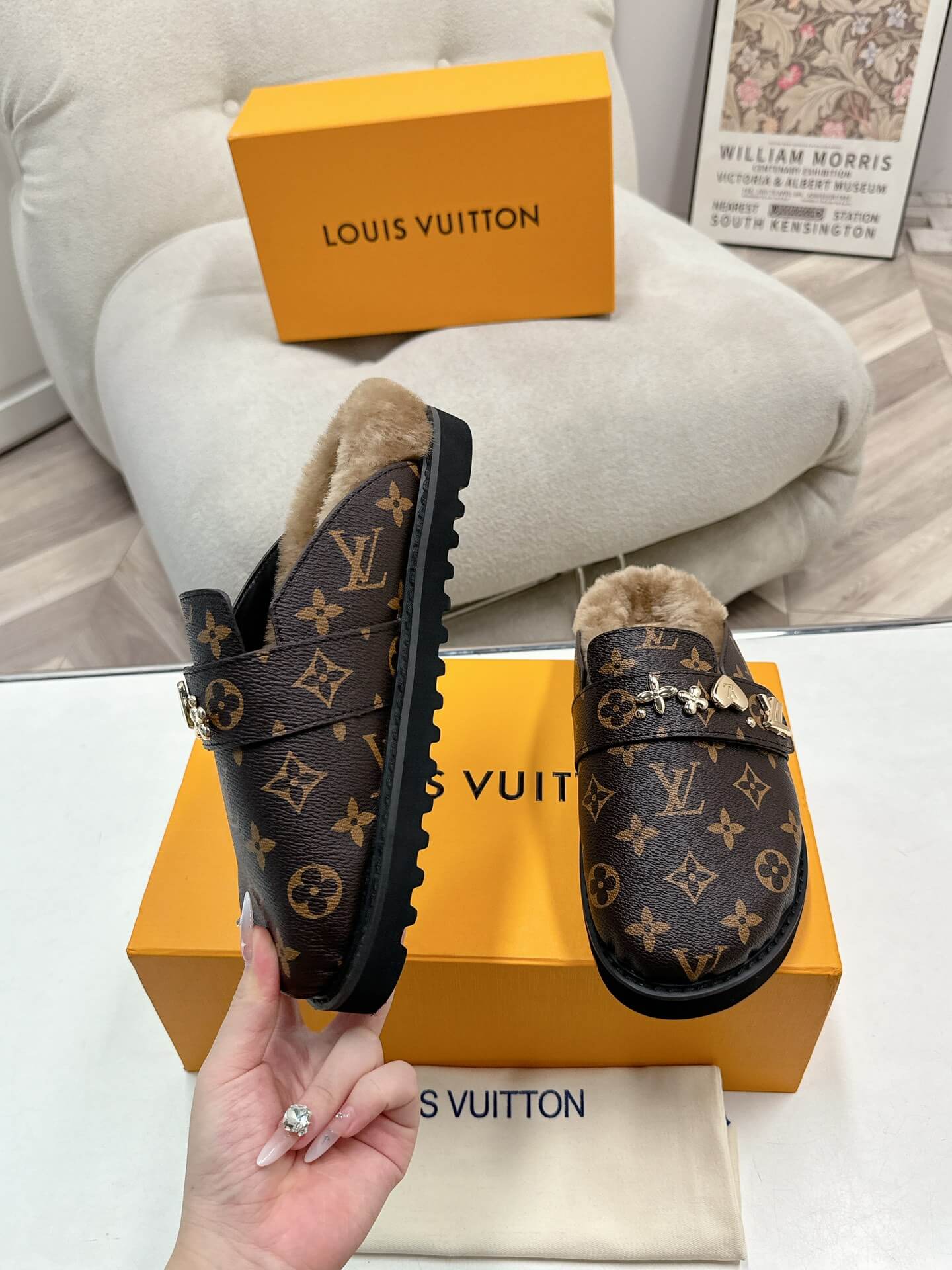 Louis Vuitton Monogram Fur-Lined Mules in Brown - Image 5