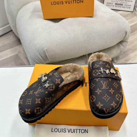 Louis Vuitton Monogram Fur-Lined Mules in Brown