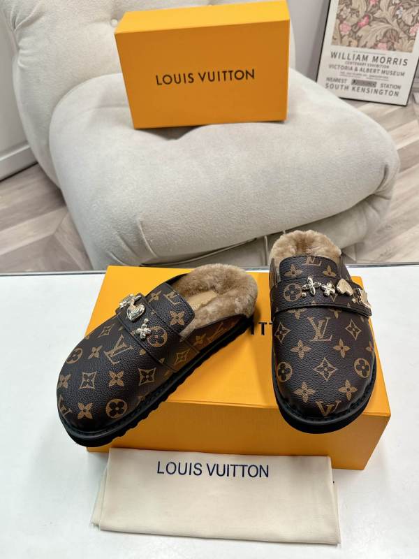 Louis Vuitton Monogram Fur-Lined Mules in Brown