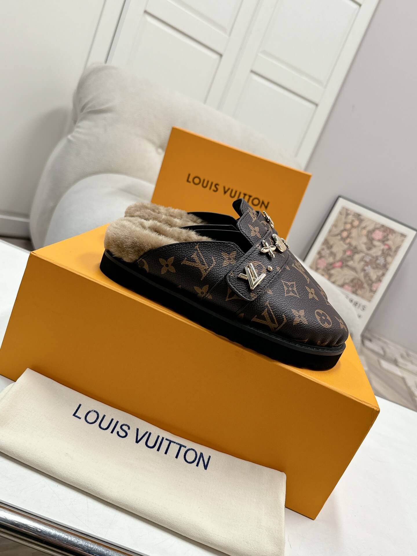 Louis Vuitton Monogram Fur-Lined Mules in Brown - Image 2