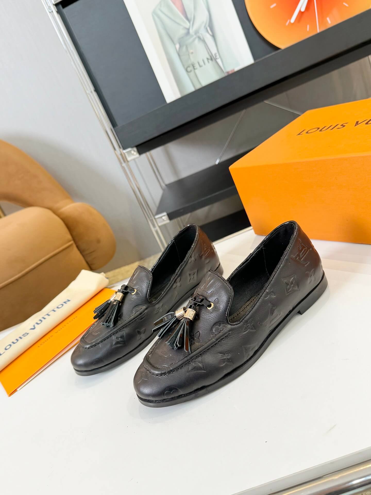 Louis Vuitton Monogram Society Loafers in Black – Elegant Tassel Detailing - Image 8
