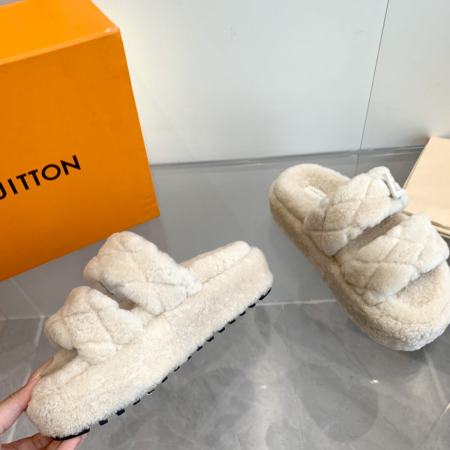 Louis Vuitton Pillow Comfort Flat Mule in a plush white shearling design