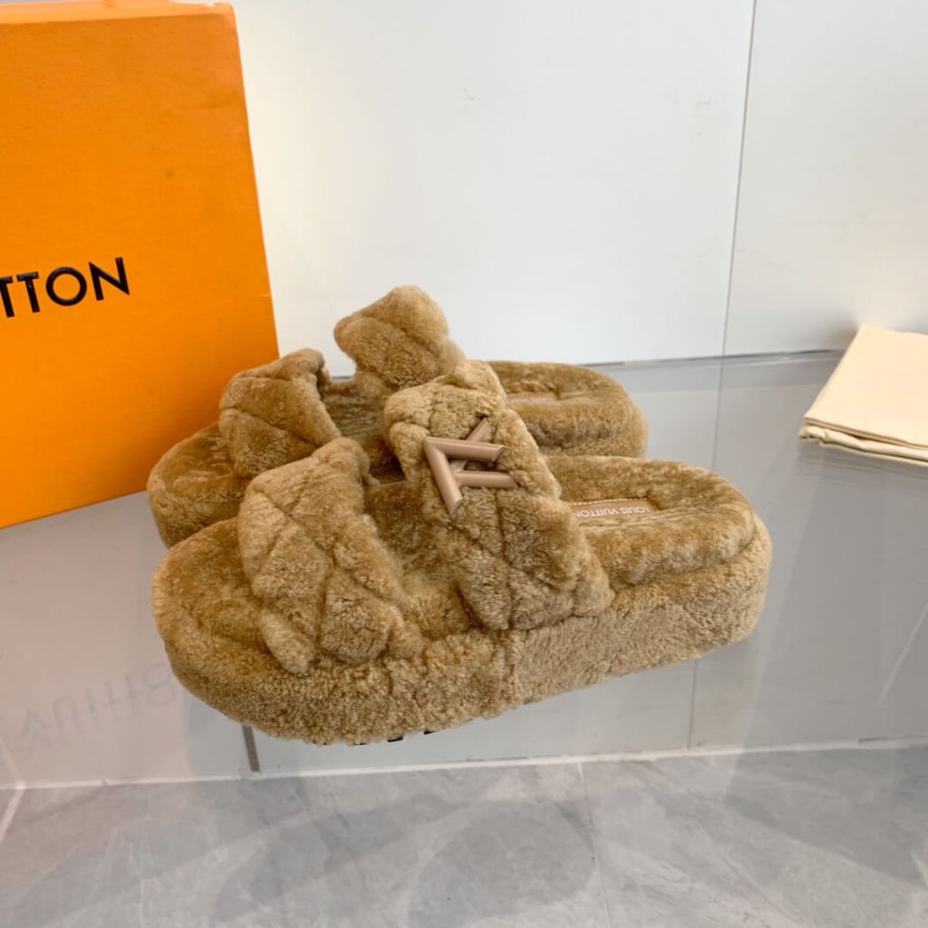 Louis Vuitton Pillow Comfort Mule in a plush tan fur design