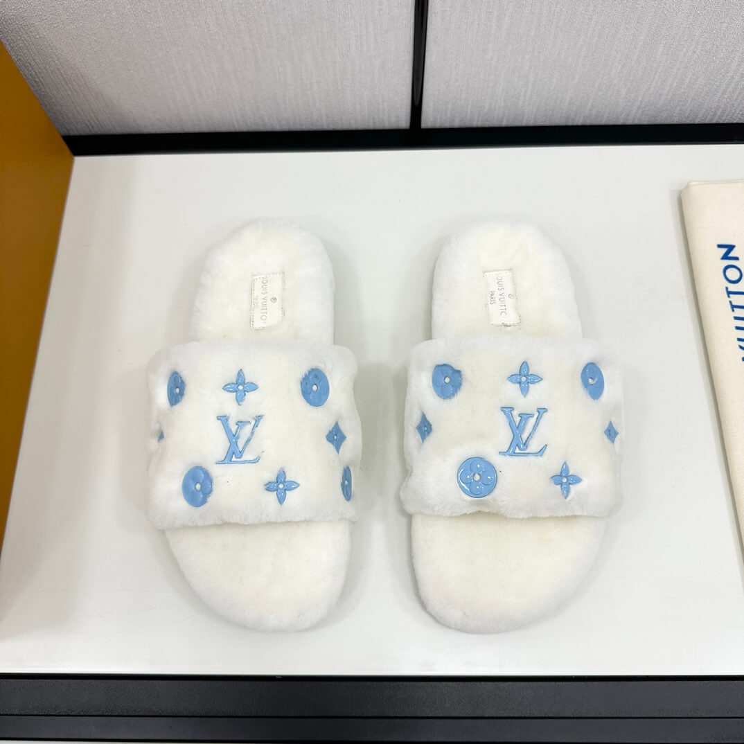 Louis Vuitton Pool Pillow Comfort Slippers - White Wool with Blue Monogram - Image 9